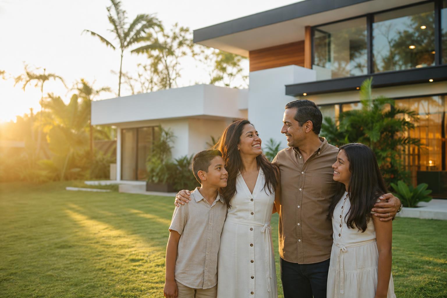 Modern Salvadoran family in front of a contemporary home
